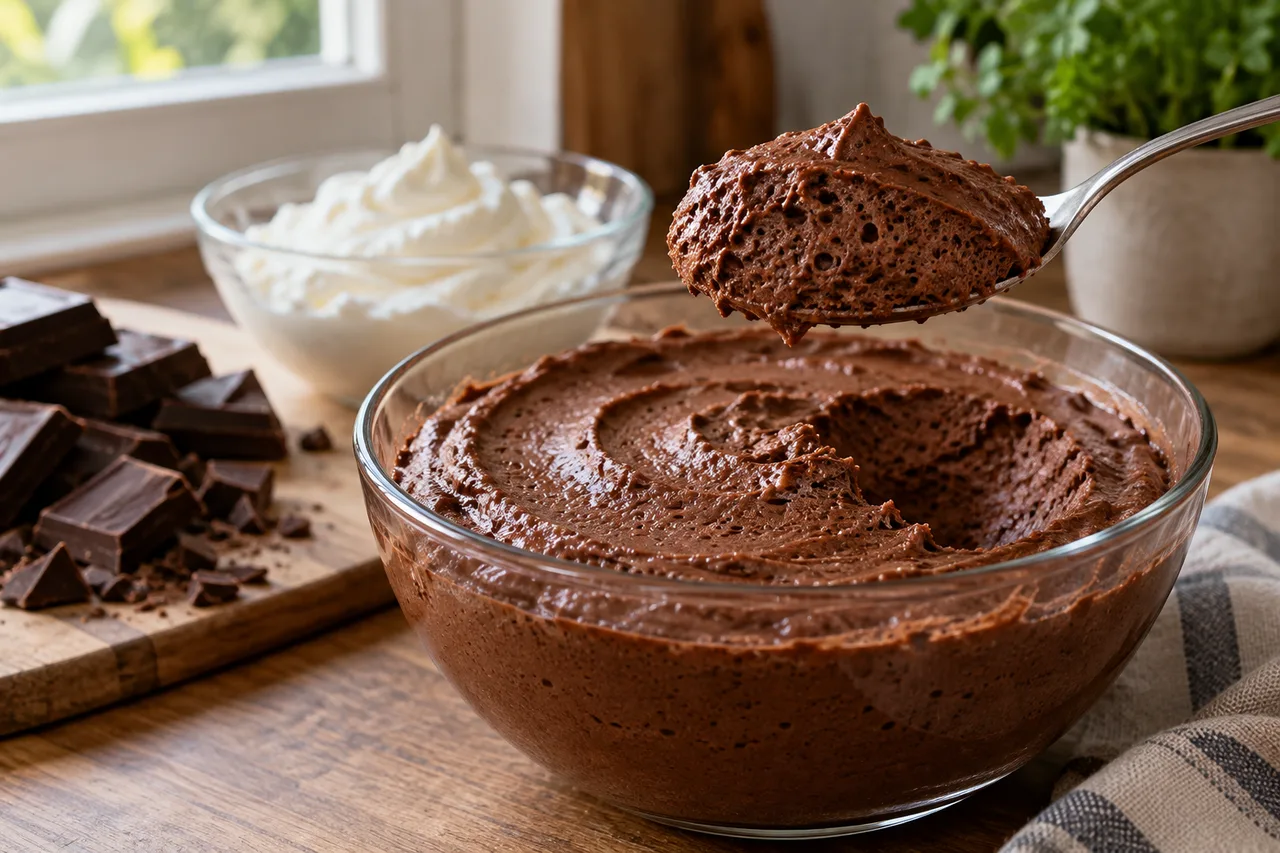 Colherada de mousse com pequenas bolhas no creme de chocolate