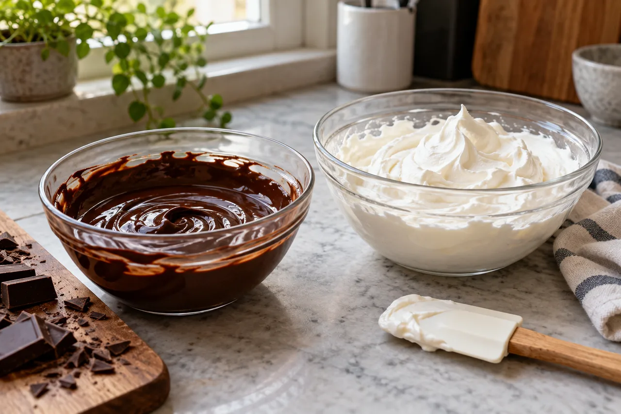 Chocolate derretido ao lado de creme de leite batido