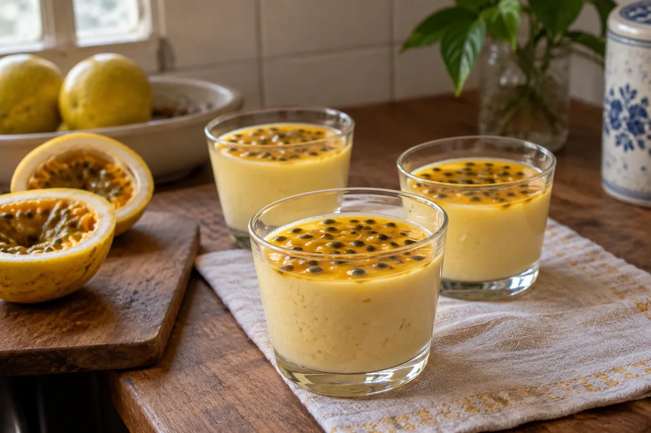 Mousse de maracujá em copinhos com cobertura de polpa