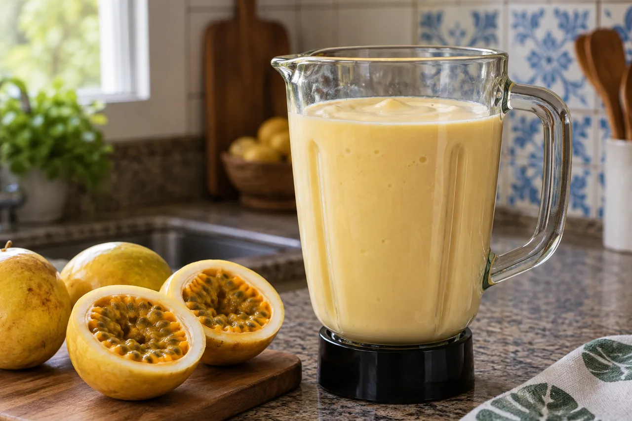 Creme de maracujá no liquidificador ao lado da fruta