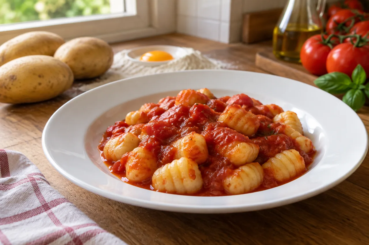 Nhoque de batata servido com molho de tomate