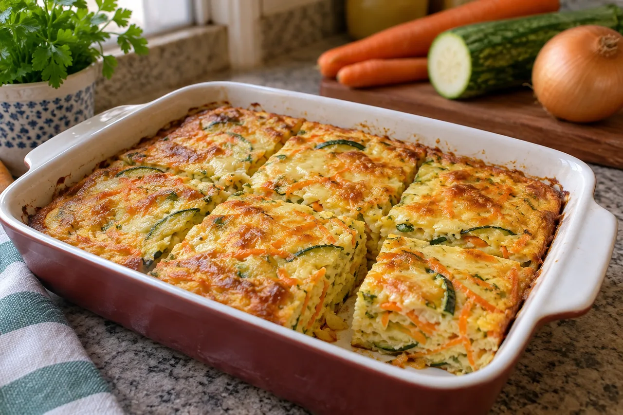 Omelete de forno com legumes cortada em porções quadradas