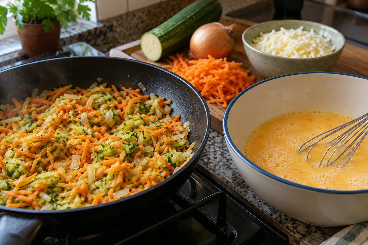 Legumes refogados ao lado de uma tigela com ovos batidos