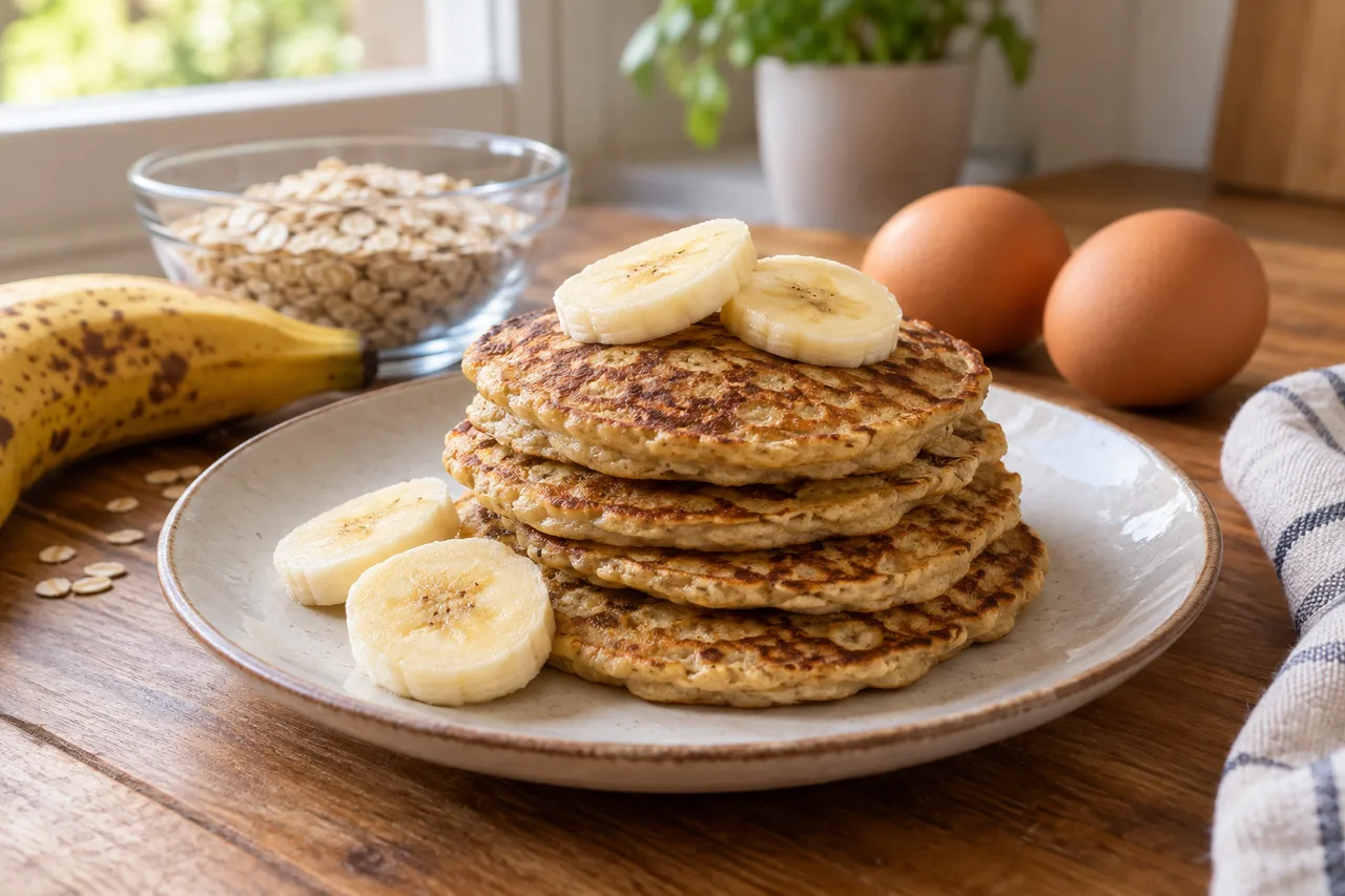 Pequenas panquecas de banana e aveia servidas em pilha