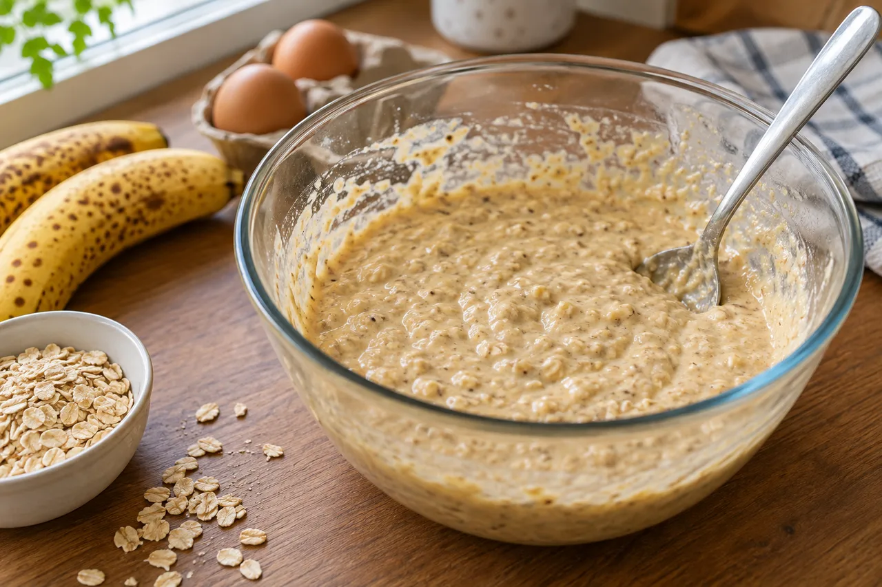 Massa de banana e aveia com consistência espessa em uma tigela