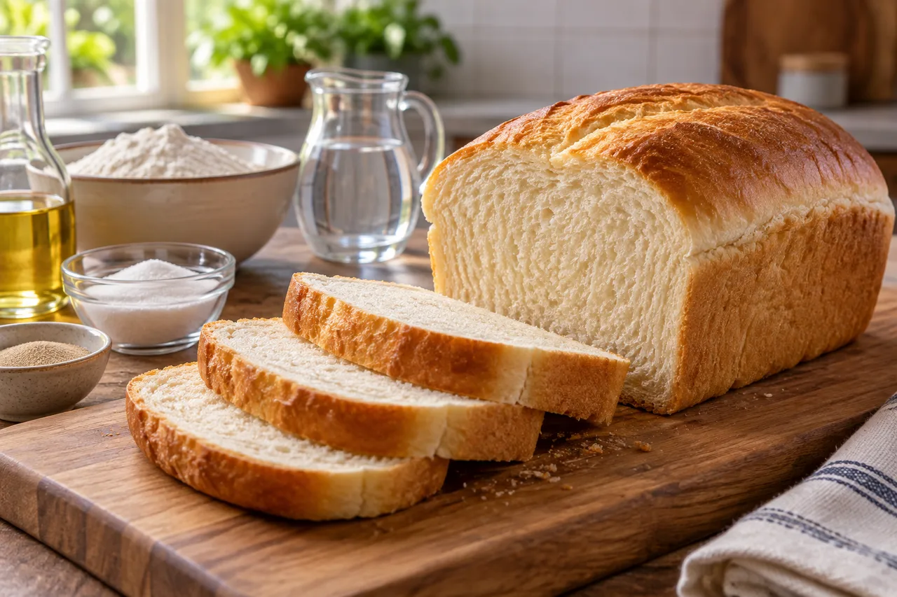 Pão caseiro dourado com fatias sobre uma tábua