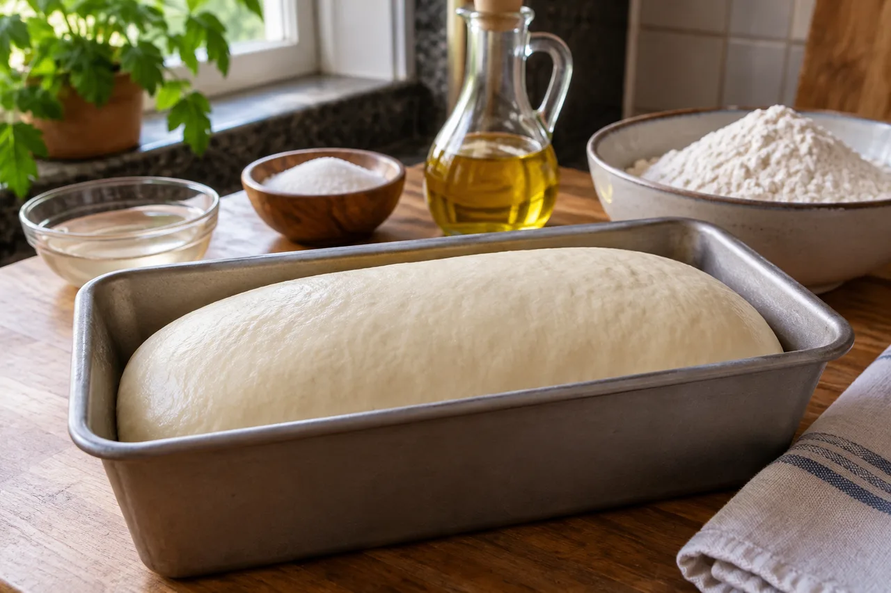 Massa de pão crescida dentro da forma antes de assar