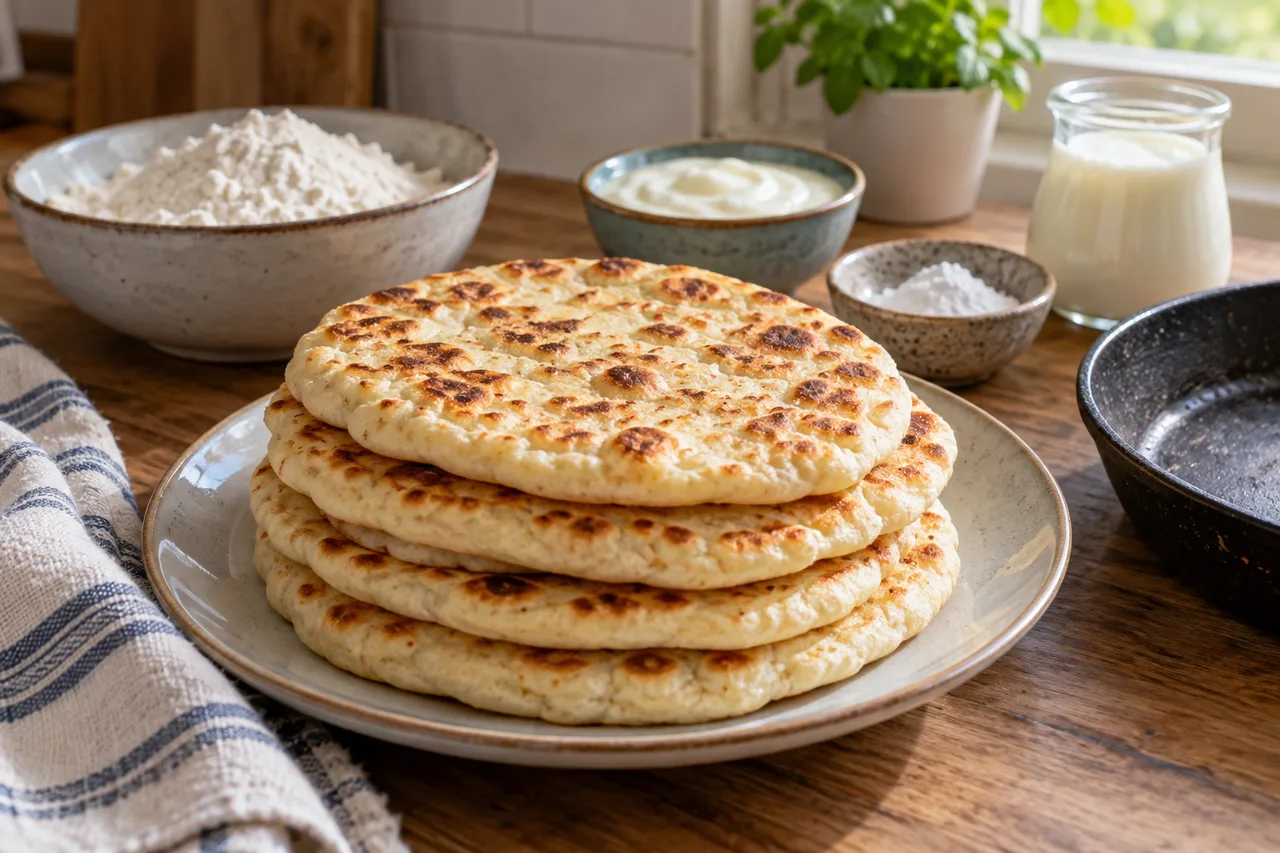 Pães de frigideira pequenos e dourados empilhados