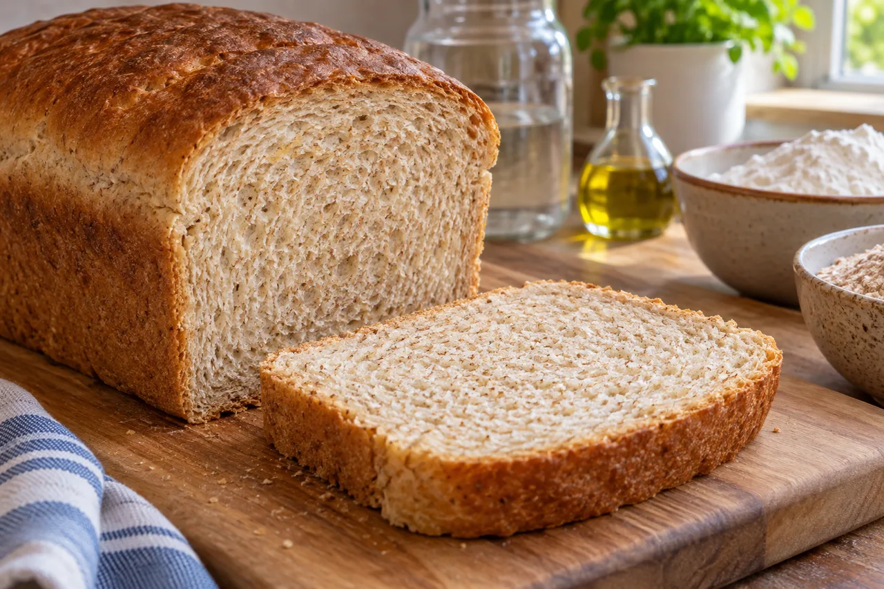 Fatia de pão com farelo distribuído no miolo e casca dourada