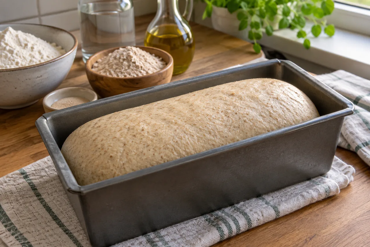 Massa de pão com farinha integral crescendo em uma forma retangular