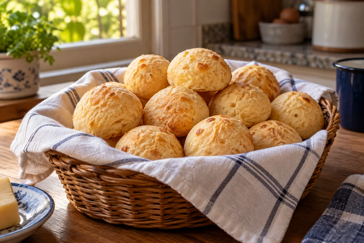 Pães de queijo pequenos com superfície levemente dourada