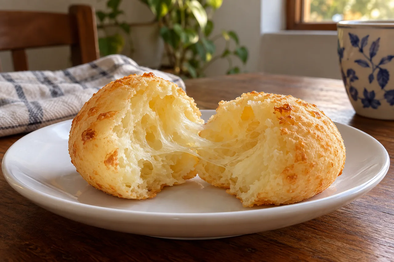 Pão de queijo aberto mostrando o interior macio
