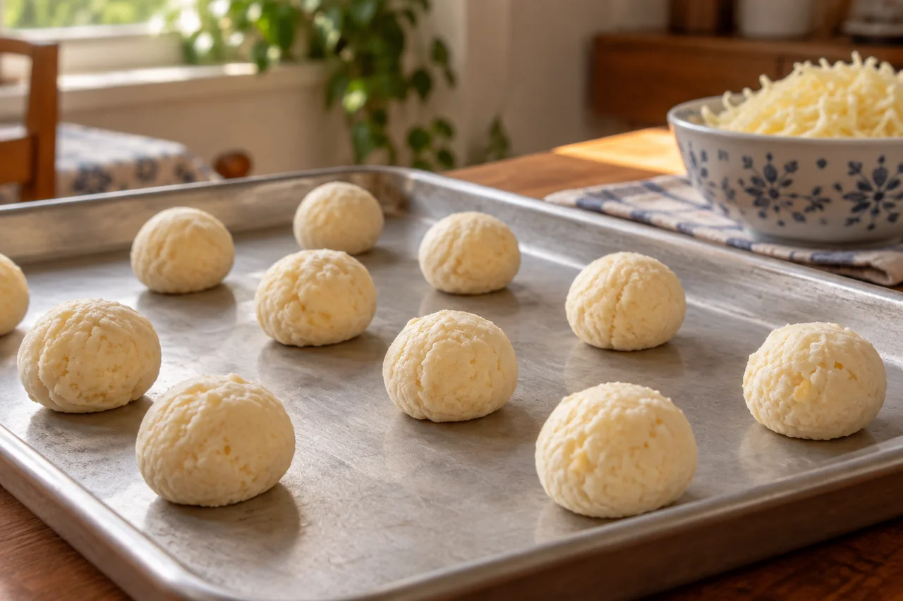 Bolinhas cruas de pão de queijo espaçadas na assadeira
