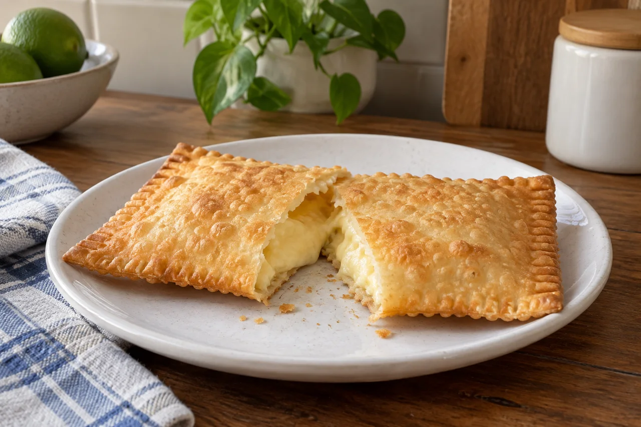 Pastel cortado mostrando queijo derretido e a espessura da massa