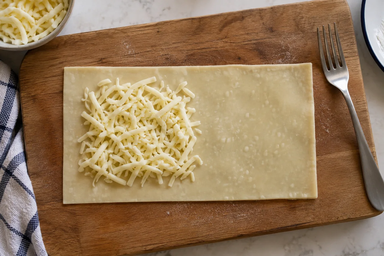 Massa de pastel aberta com queijo em uma metade e bordas livres