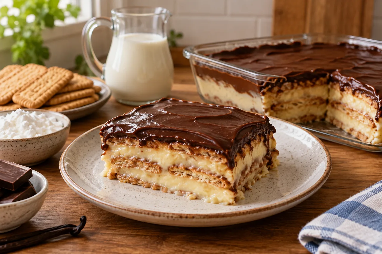 Porção de pavê mostrando biscoitos, creme branco e cobertura de chocolate