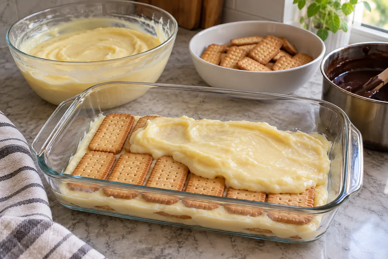 Camadas de biscoito maisena e creme branco sendo montadas em uma travessa