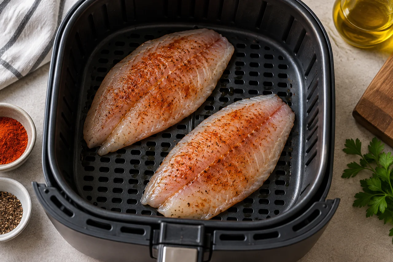 Filés temperados separados no cesto da air fryer