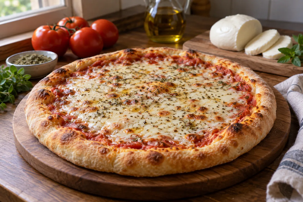 Pizza caseira de muçarela e orégano com borda dourada