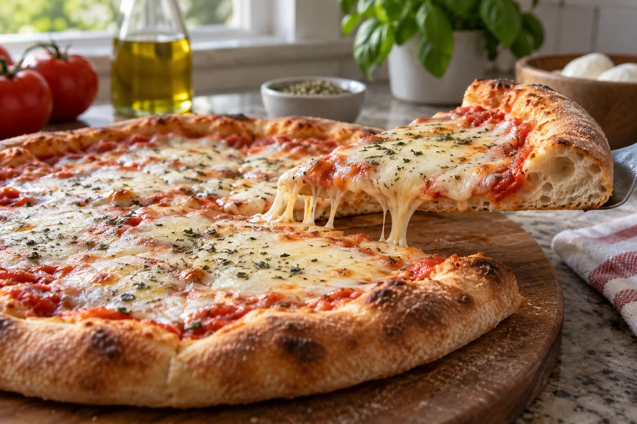 Fatia de pizza com queijo derretido, borda aerada e base assada