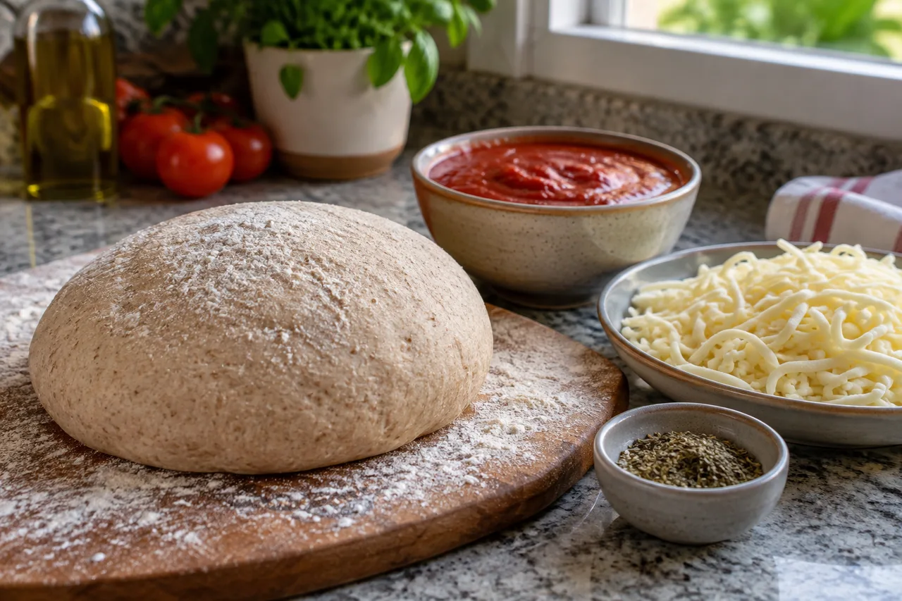 Massa de pizza fermentada ao lado de molho de tomate e muçarela