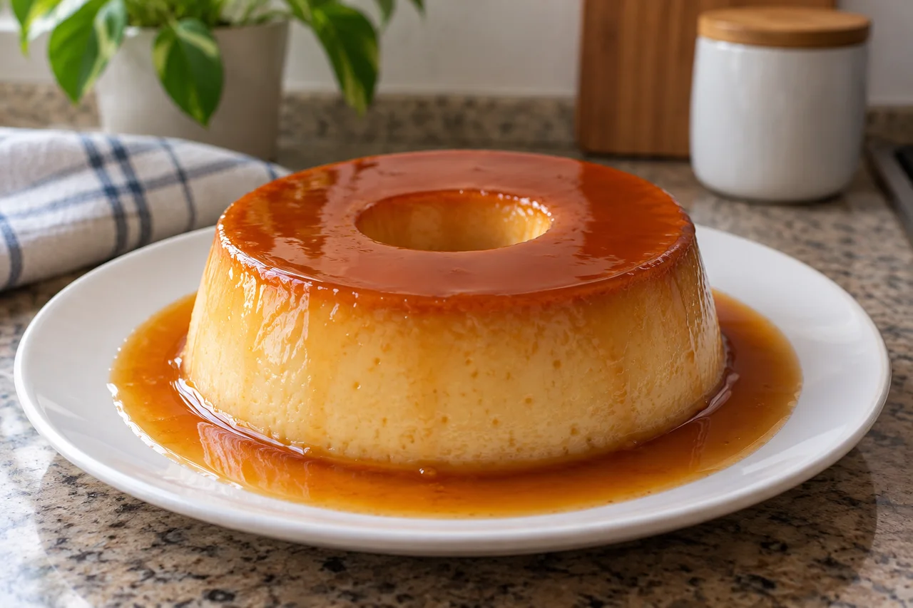 Pudim com furo central coberto por caramelo