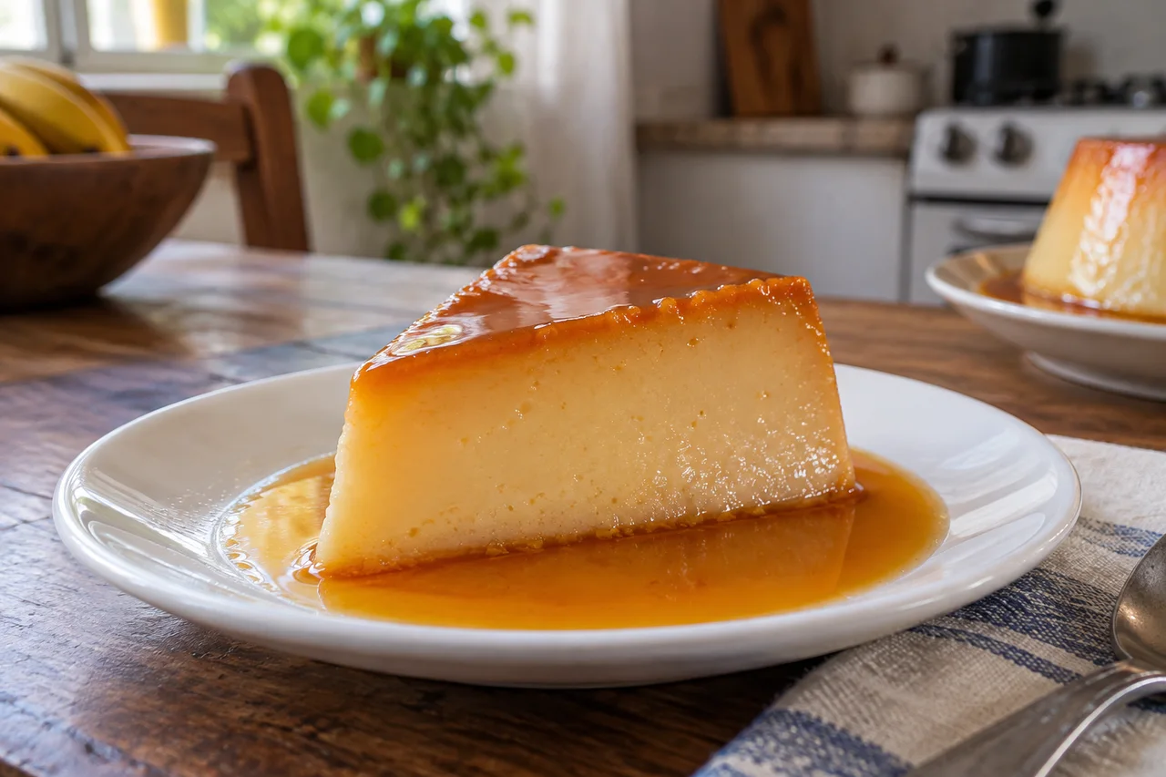 Fatia de pudim com interior firme e calda de caramelo