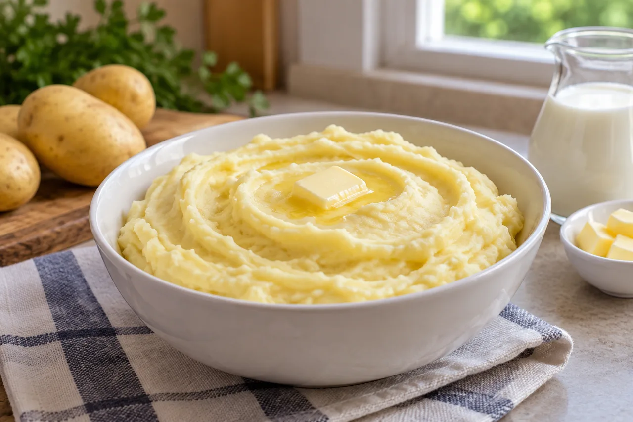 Purê de batata cremoso servido em uma tigela