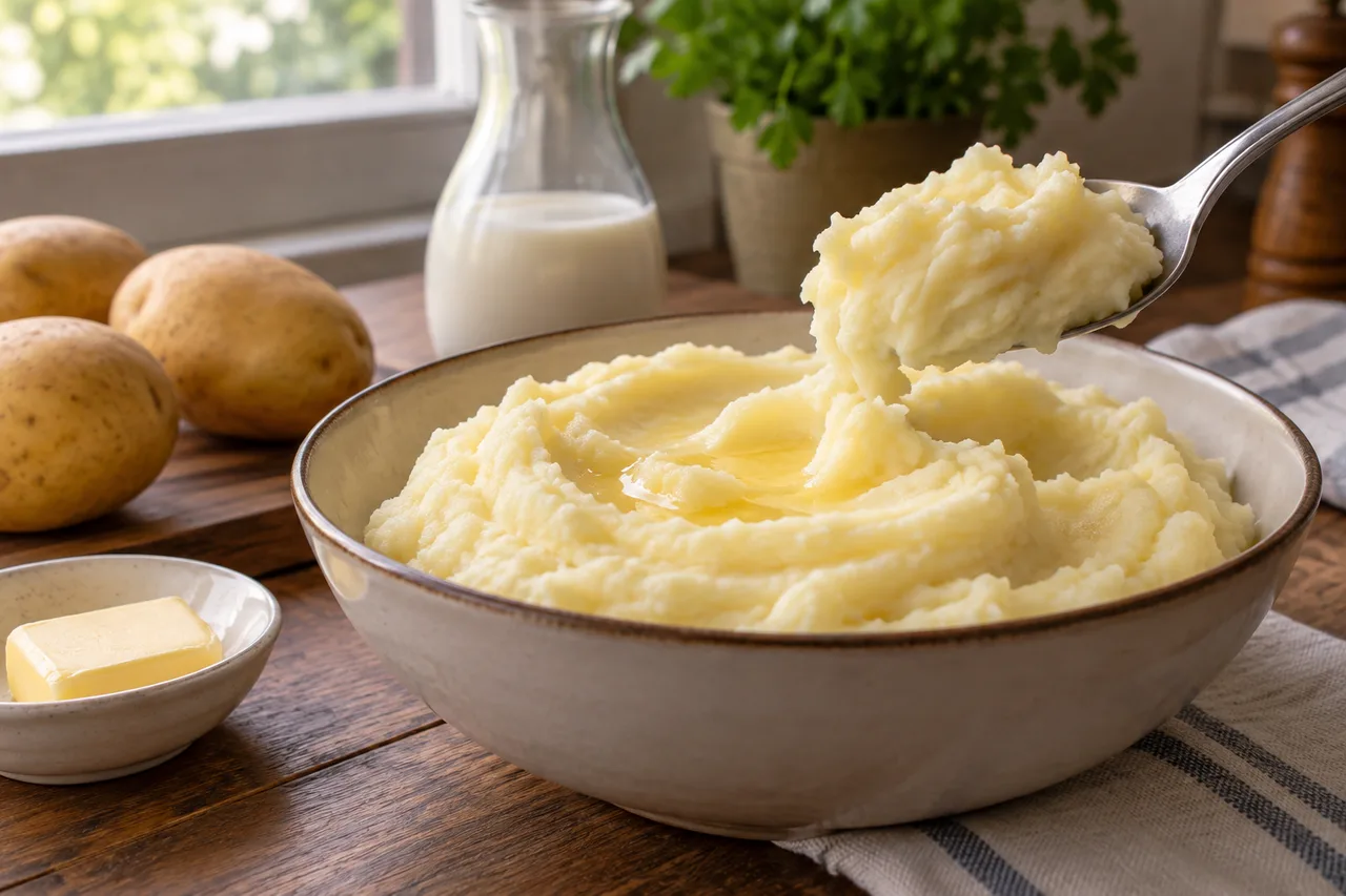 Colher com purê de batata liso e sem fios elásticos