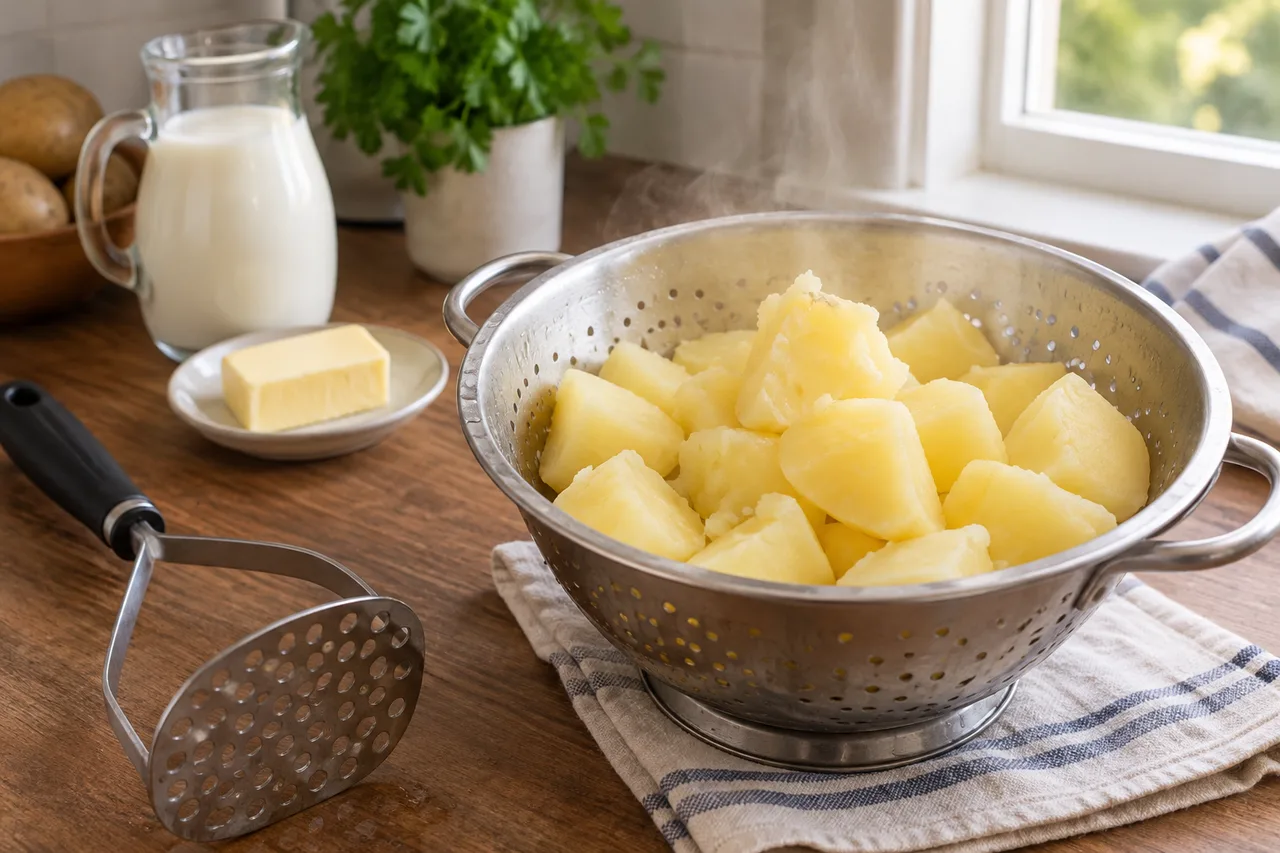 Batatas cozidas e escorridas ao lado de um amassador