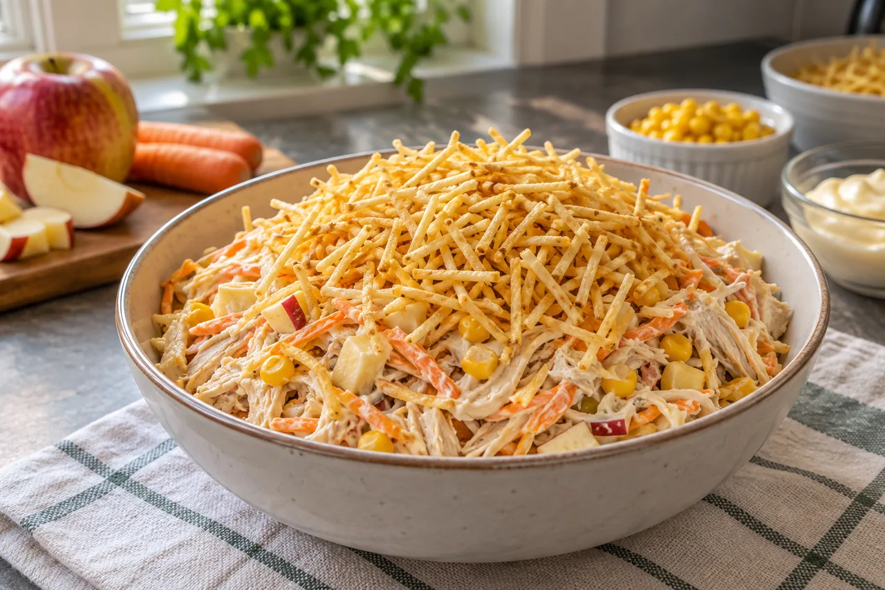 Salpicão de frango com cenoura, milho e batata palha