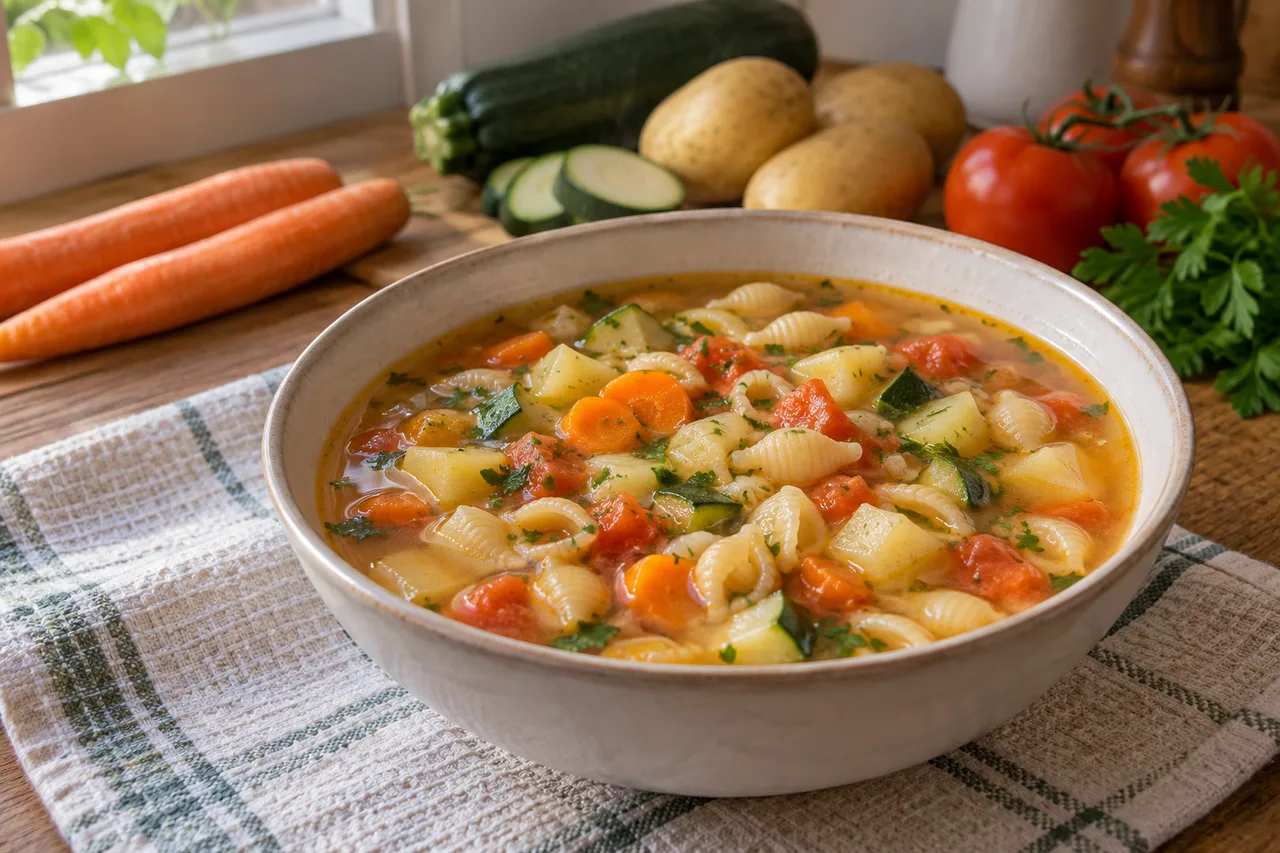 Sopa de legumes com massa curta servida em tigela