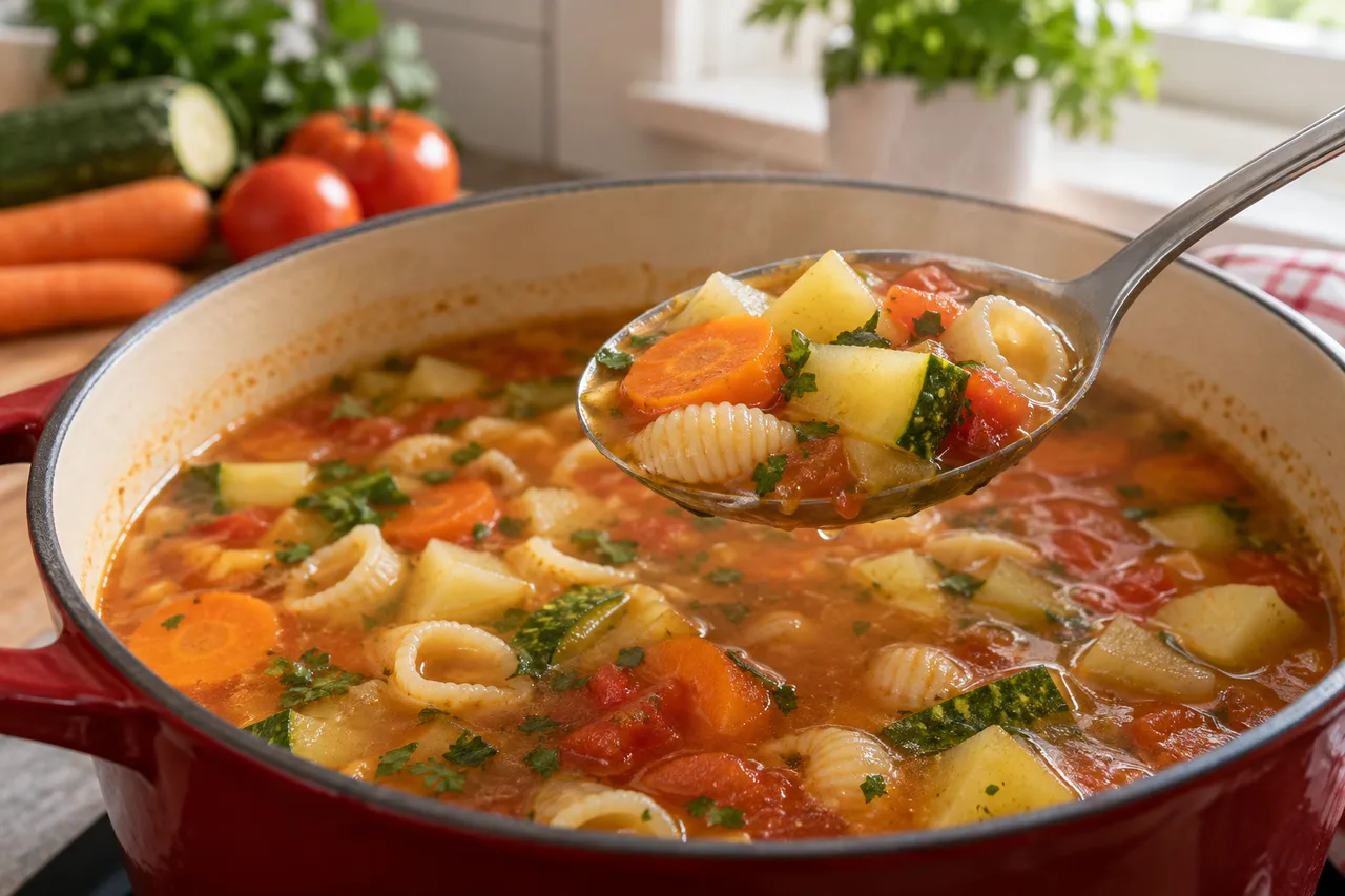Colher com caldo, legumes macios e pequenos pedaços de massa