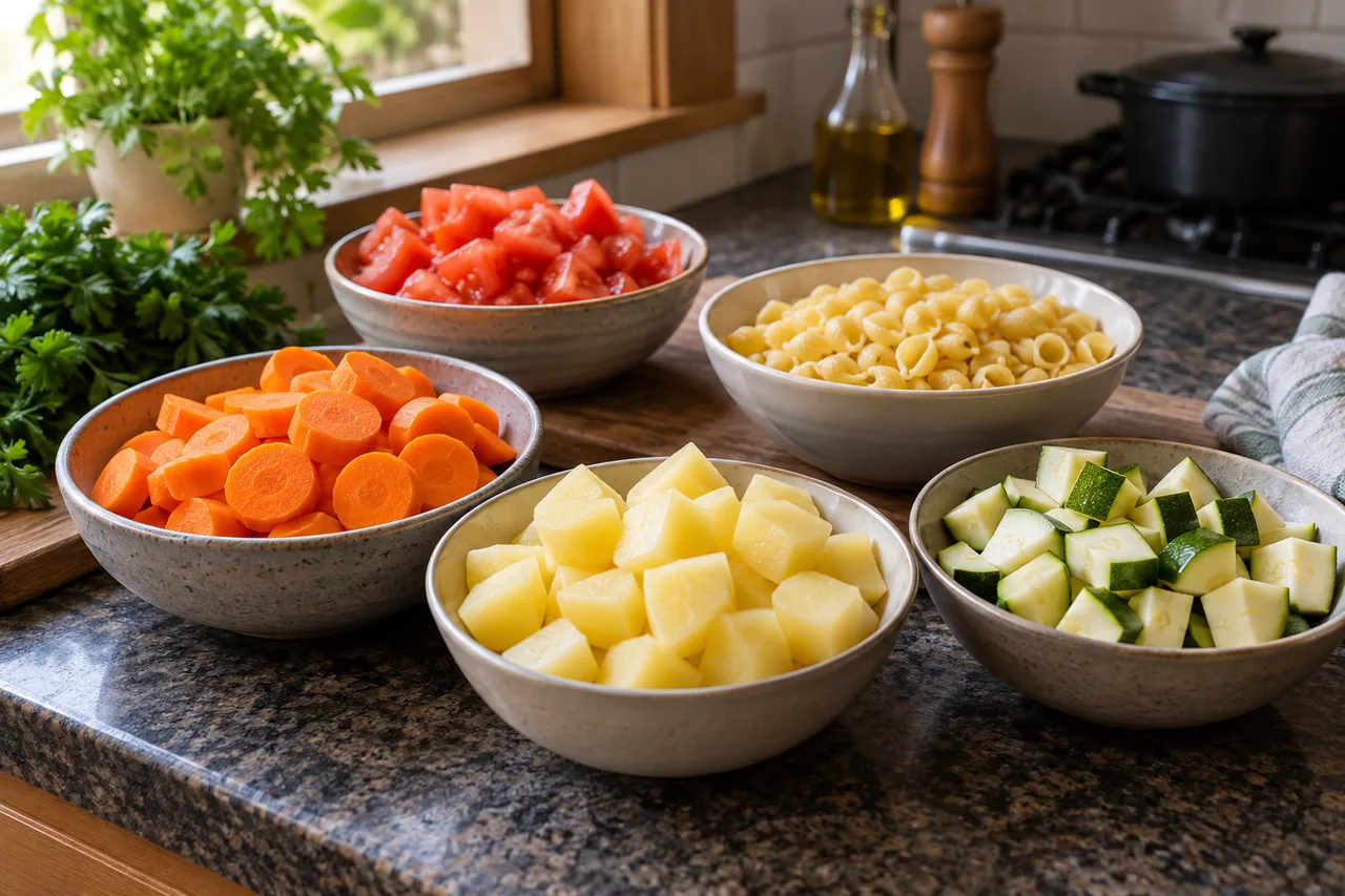 Legumes cortados e macarrão seco separados para o preparo