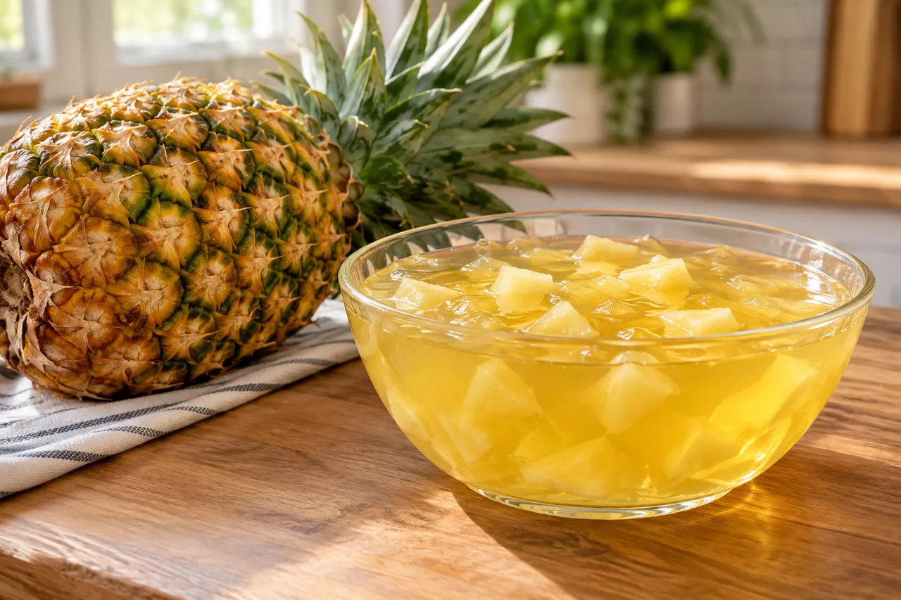 Gelatina firme com pedaços de abacaxi cozido ao lado da fruta fresca