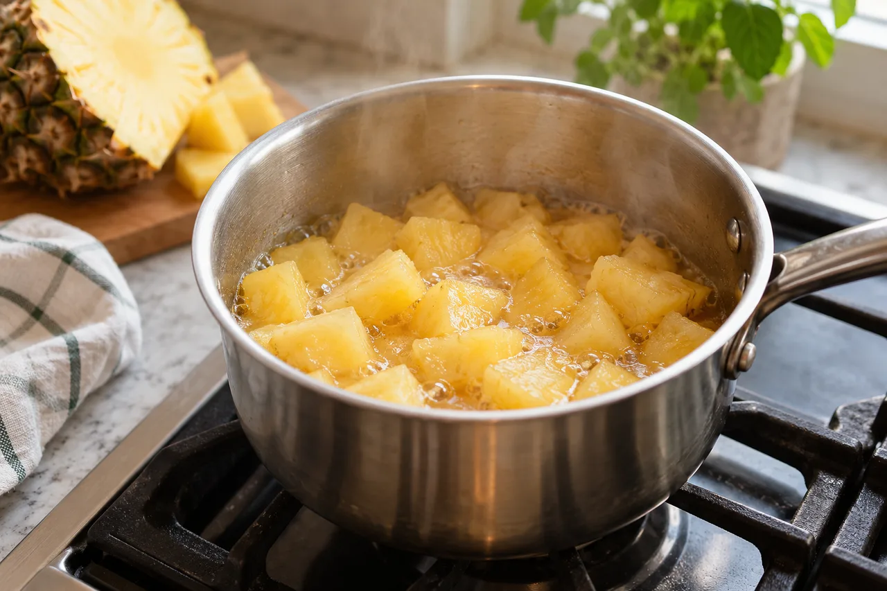 Cubos de abacaxi cozinhando suavemente em uma panela