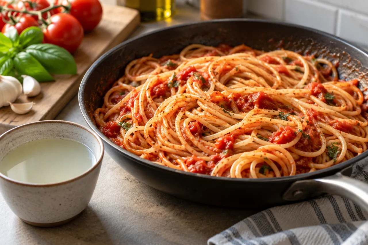 Espaguete com molho de tomate ao lado de uma xícara de água do cozimento