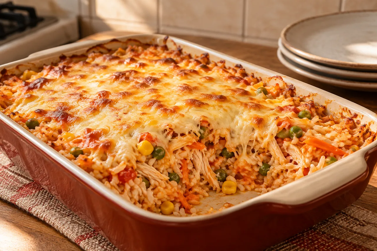 Arroz de forno com frango e queijo gratinado em uma travessa