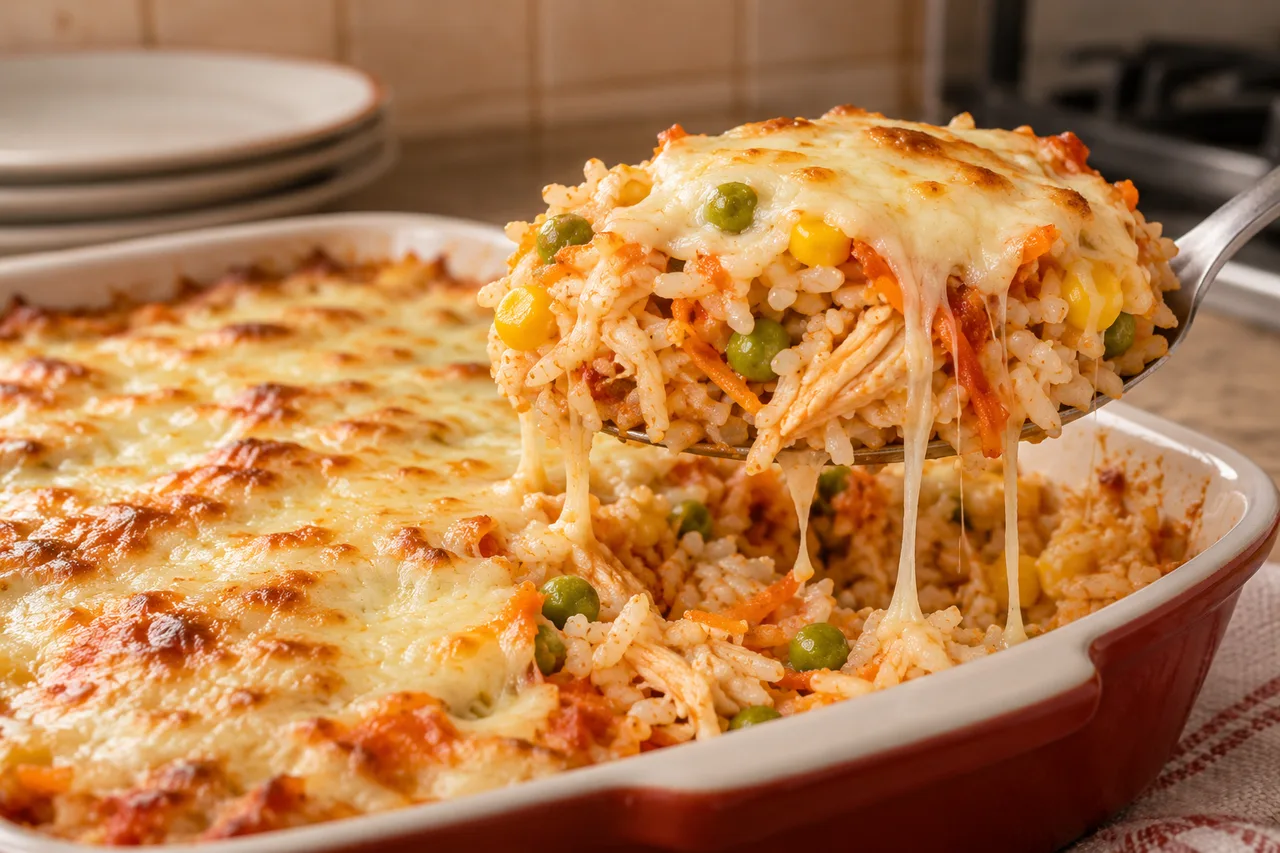 Porção de arroz mostrando frango desfiado, legumes e queijo derretido