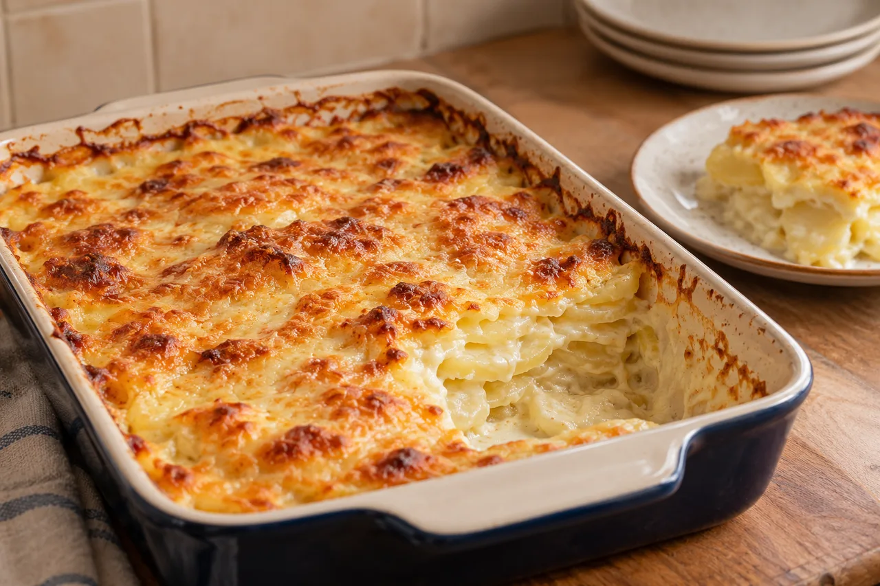 Batata gratinada com cobertura dourada de queijo em travessa