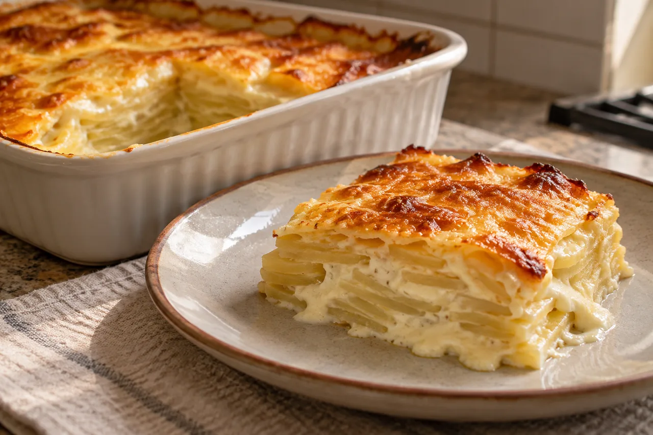 Porção de batata gratinada mostrando fatias macias e molho branco