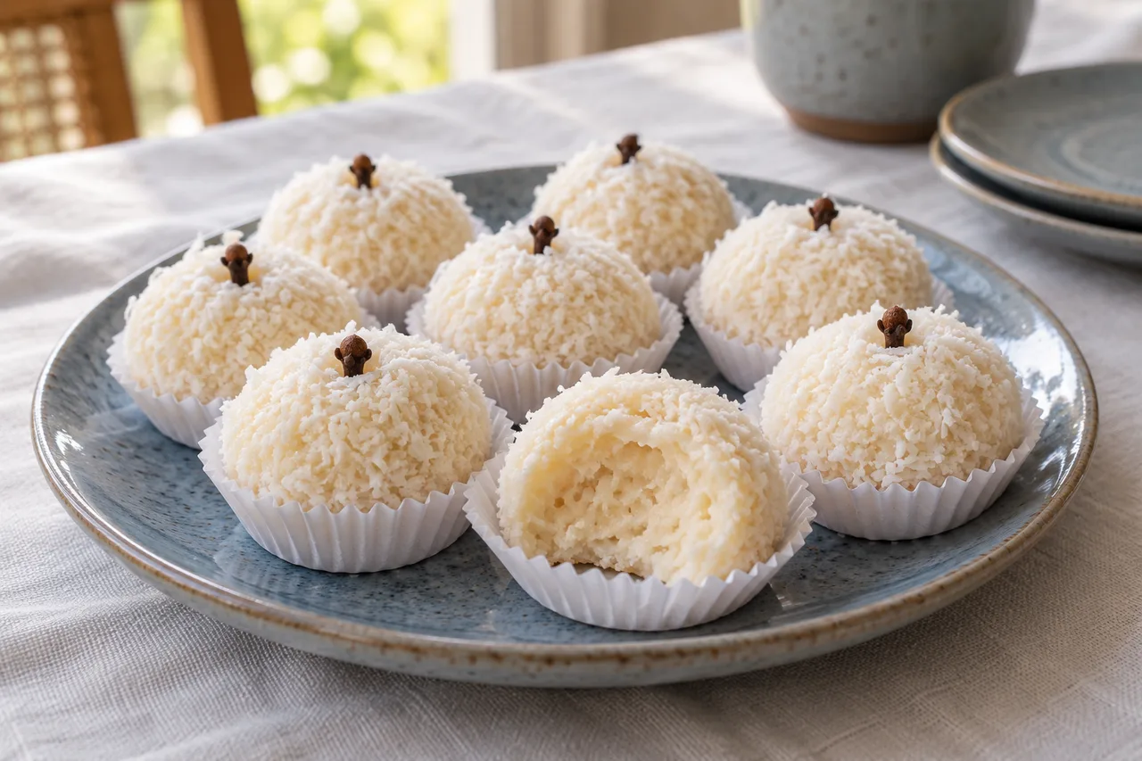 Beijinhos de coco enrolados e cobertos com coco fino