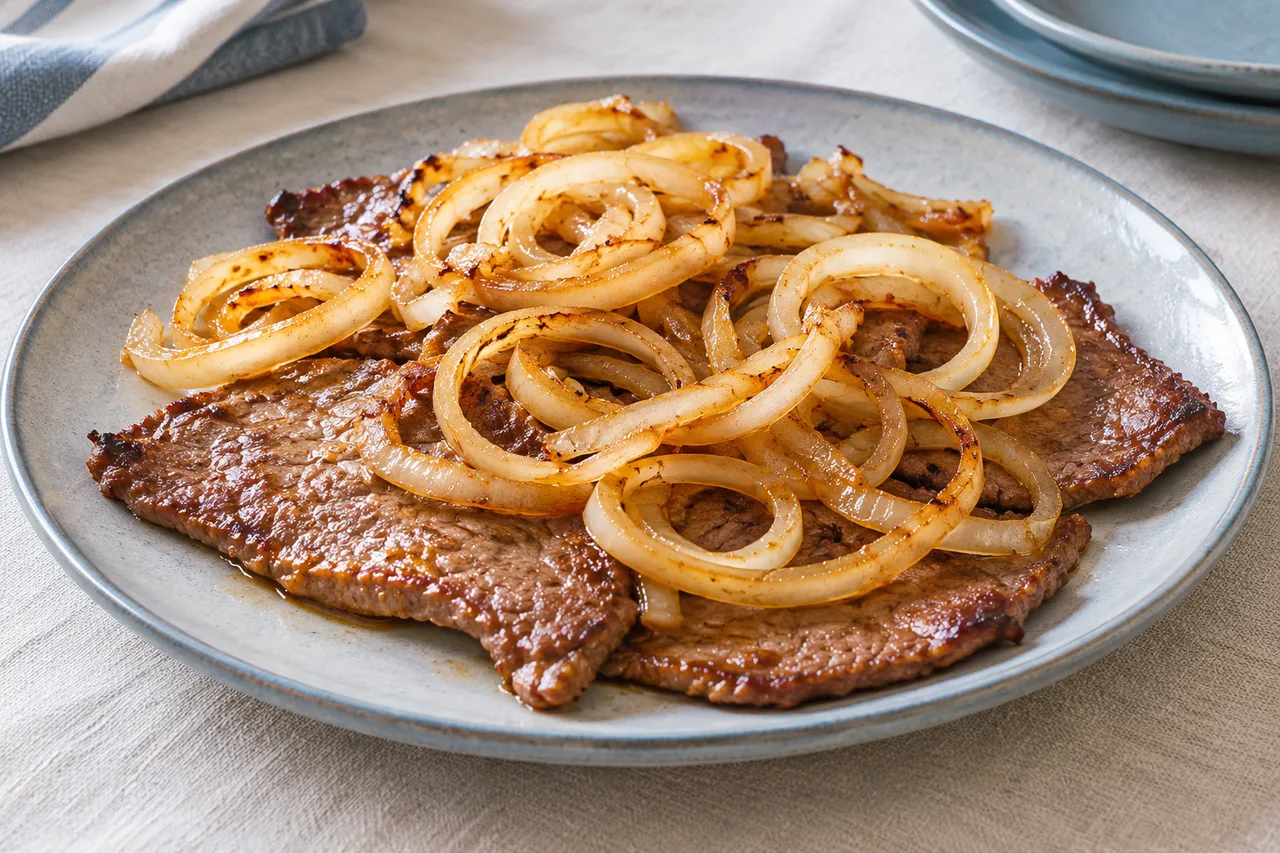 Bifes servidos com anéis de cebola dourados