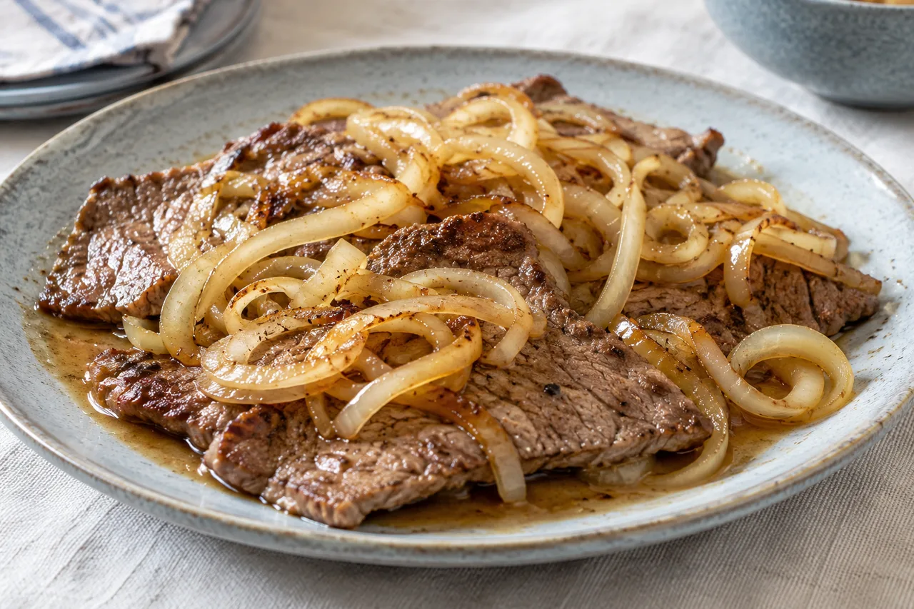 Bife cortado com cebola e um pouco do caldo da frigideira