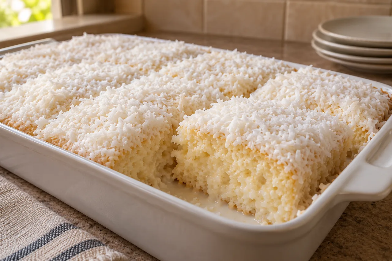 Bolo de coco gelado cortado em quadrados com coco na superfície