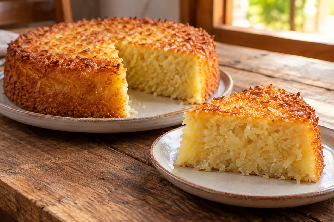 Bolo de mandioca dourado em formato redondo sem cobertura