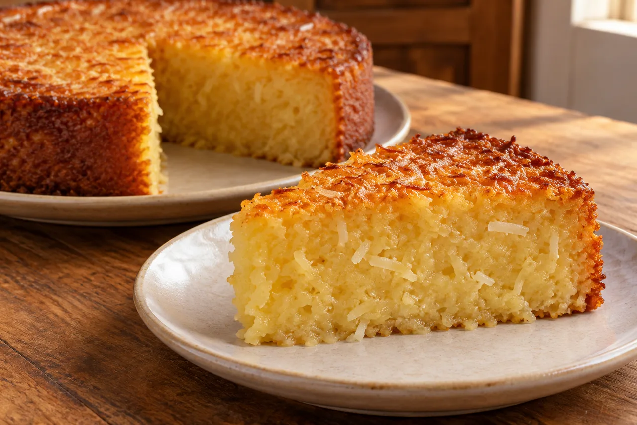 Fatia de bolo de mandioca com miolo úmido e fibras finas