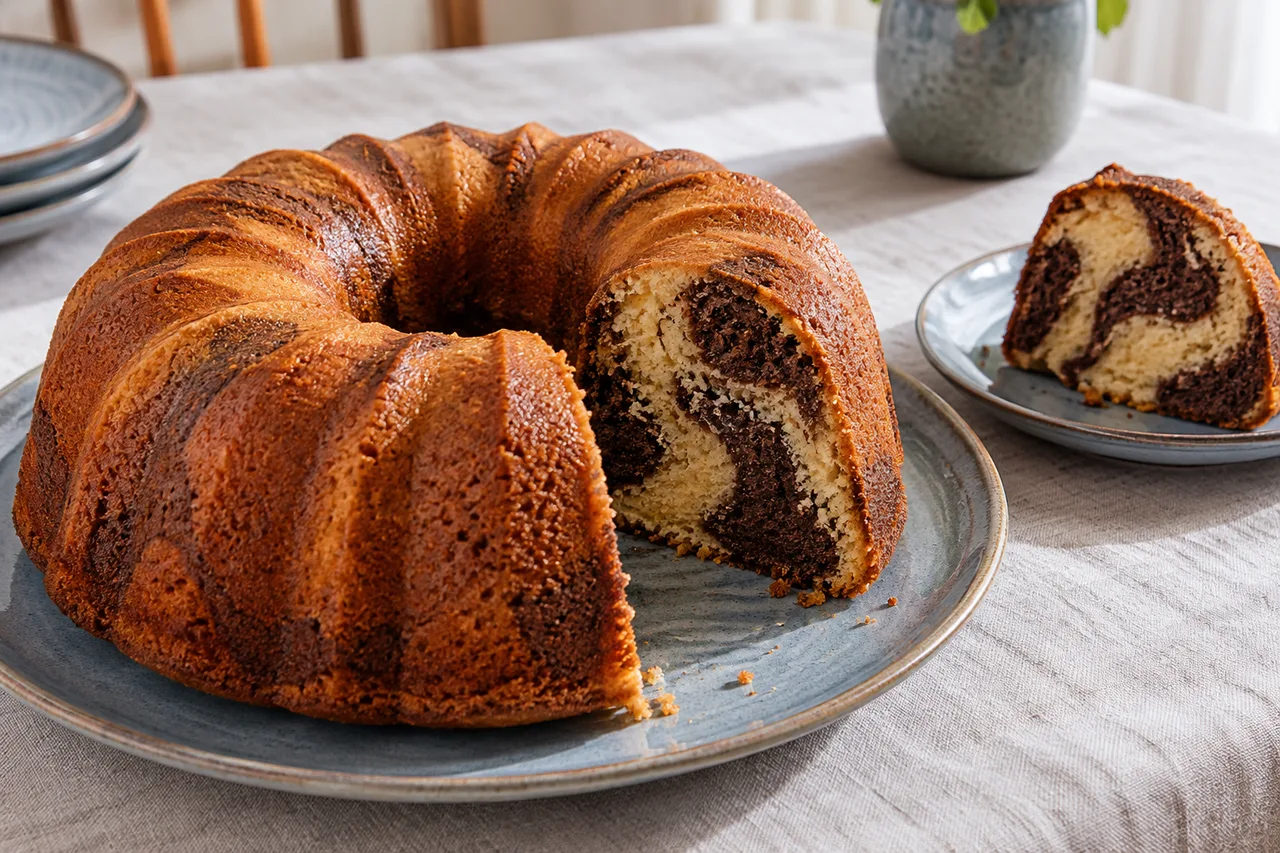 Bolo mesclado em forma de anel com partes claras e de chocolate