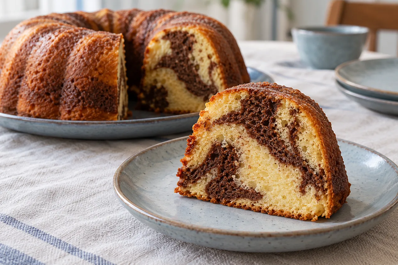 Fatia de bolo mesclado com faixas de baunilha e chocolate