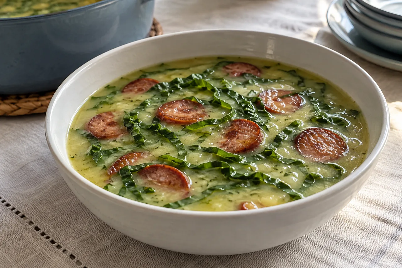 Caldo verde com couve fatiada e rodelas de calabresa